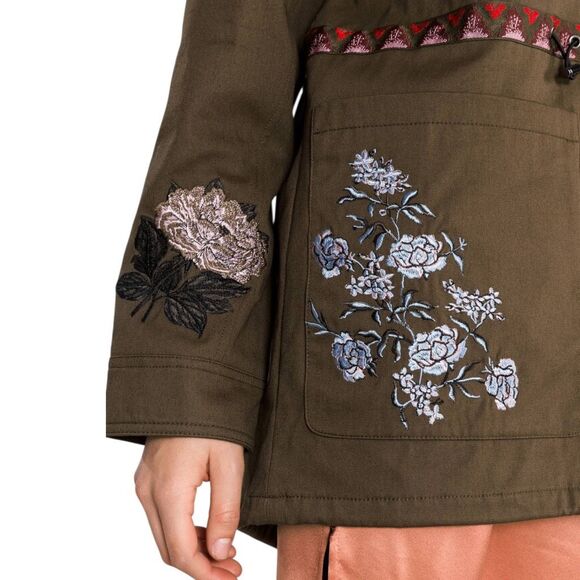 Desigual Jacket 6 Olive Green Parka‎ Victorian Gothic Hooded Embroidered Floral - Picture 5 of 16